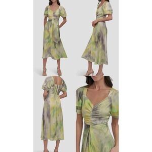 DKNY Yellow Green Abstract Print Midi Dress